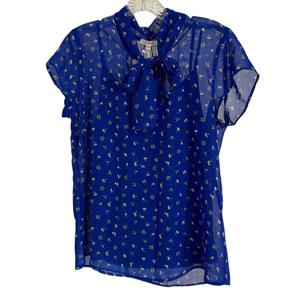 Pleione 2 piece Blue Tank Under Sheer Floral Cap Sleeve Top with Tie Small NWT - Picture 1 of 11